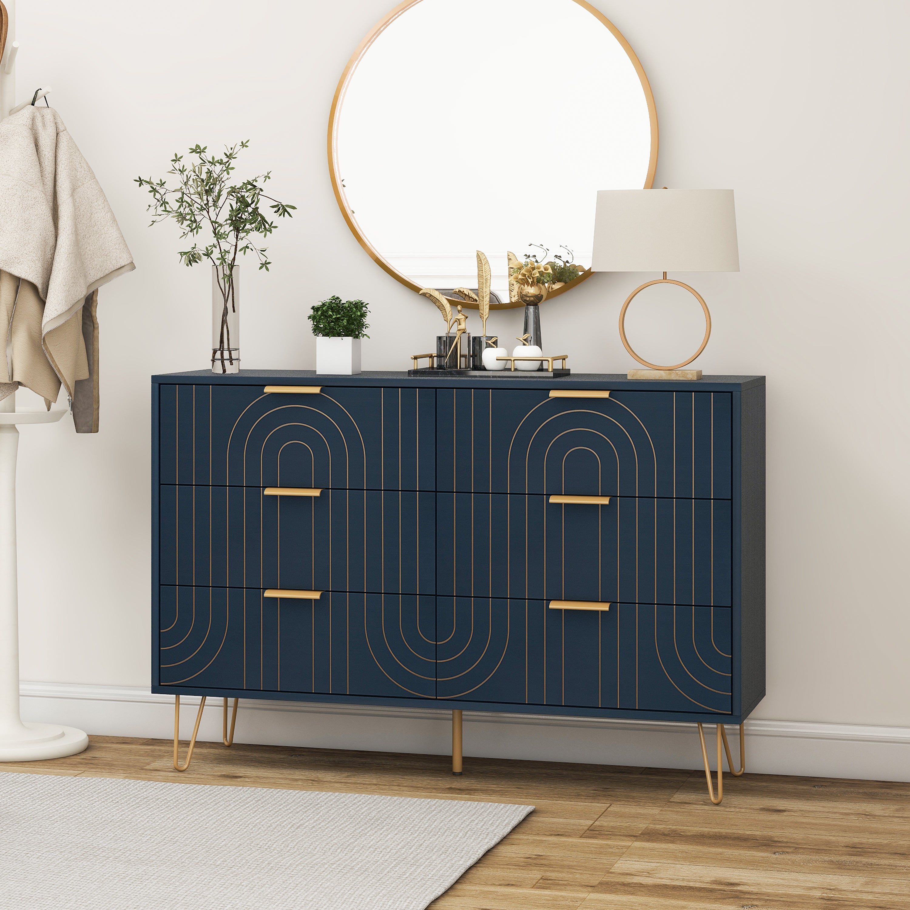 navy blue dresser with gold handles Amazon.com: Anbuy Navy Large Dresser 6 Drawer Dresser for Bedroom, Chest of Drawer with 6 Wide Drawers Wood Storage Cabinet Organizer with Metal Gold Legs for Bedroom, Living Room, Entryway : Home