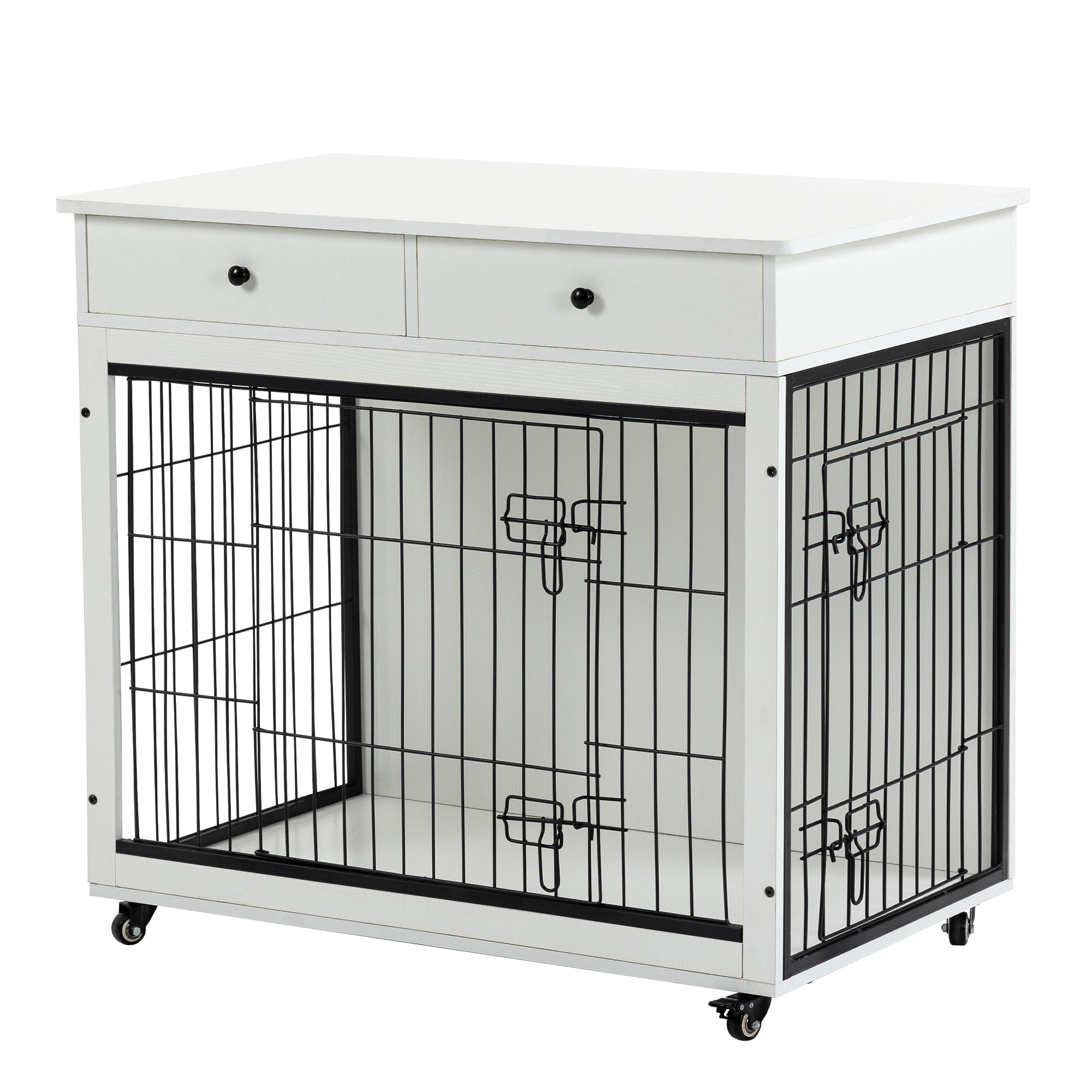Dog Crate Furniture, Wooden Dog Crate End Table, 38.4 Inch Dog Kennel with 2 Drawers Storage, Heavy Duty Dog Crate, Decorative Pet Crate Dog Cage for Large Indoor Use (White) 38.4" L×23.2" W×35" H