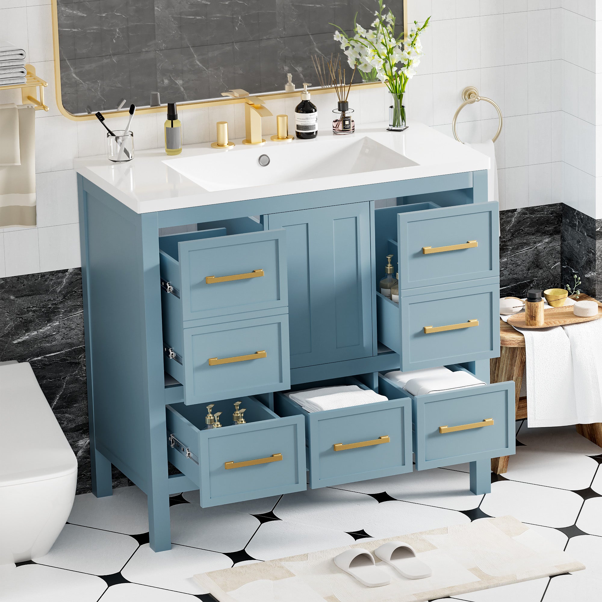 36'' Bathroom Vanity with Resin Sink Combo, Solid Wood Frame Bathroom Storage Cabinet, Freestanding Vanity Set with 5 Drawers& Soft Closing Doors (Same as N710S136002M)