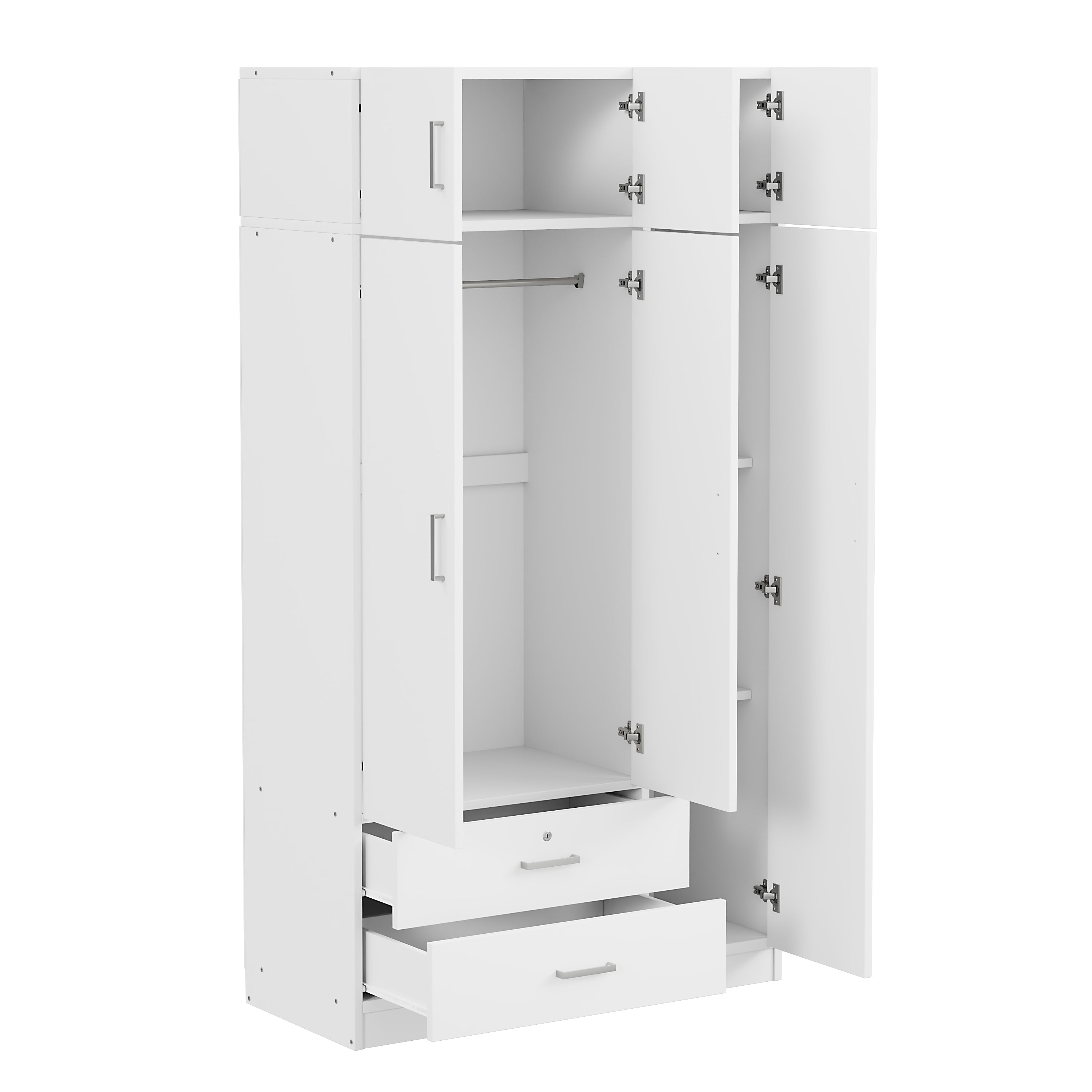 3-Door Mirror Wardrobe with 2 Drawers and Top Cabinet,White